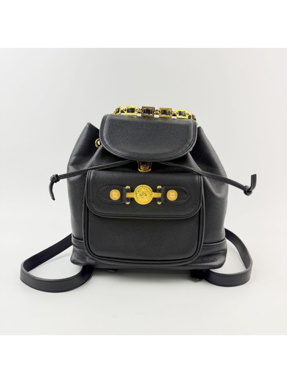 Versace Gianni Sunburst Chain Handle Drawstring Backpack Leather Black Gold